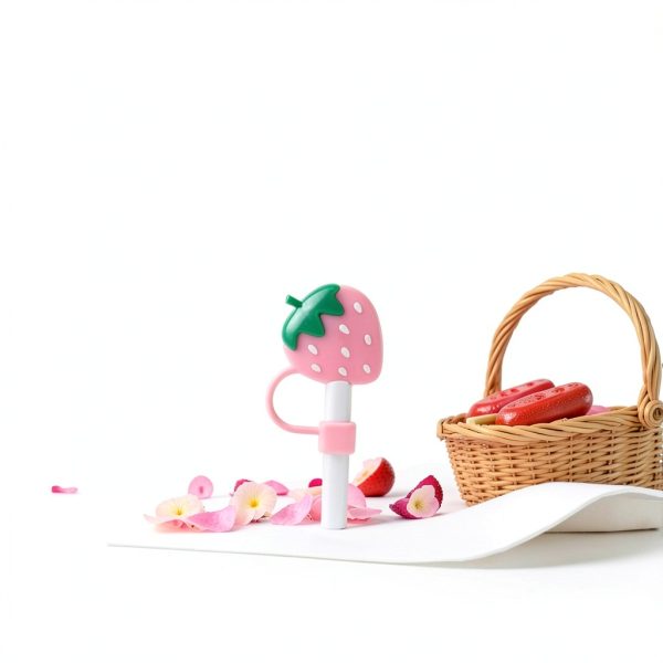 Pink Cute Strawberries Cartoon Straw Silicone Straw Plug, Straws Decorative Cap Staw Tips Bottle Accessories，Drinking Straw Dispensers，Kitchen Utensils and Gadgets-3