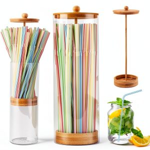 Straws Holder Dispenser with Bamboo Lid NOWHYX 10" Storage-0