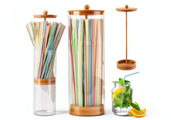 Straws Holder Dispenser with Bamboo Lid NOWHYX 10" Storage-0