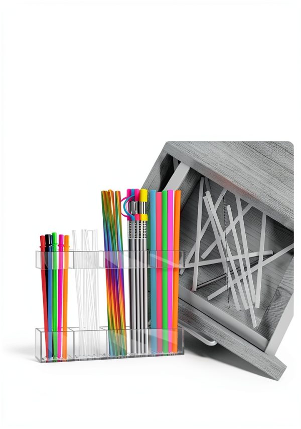 9.5” Acrylic Straw Holder for Cabinet Door with Ultra Sticky Circular Adhesive, Small Kitchen Accessories Container, Reusable Straw Organizer Storage for Cupboard | COMBATCH-5