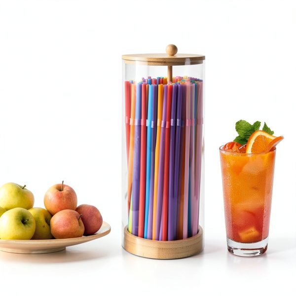 Straw Holder Dispenser TPQKA Acrylic with Bamboo Lid and 100 Straws-5