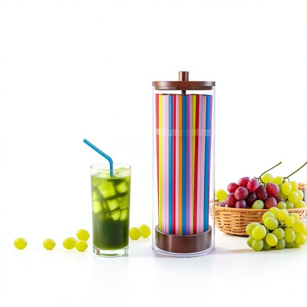 JYPS 10-Inch Acrylic Straw Dispenser with Bamboo Lid with 100 Colorful Straws,Transparent Counter Container Countertop Organizer for Kitchen,Office,Cabinet Storage, Holds Pencils, Cutlery(Dark brown)-3