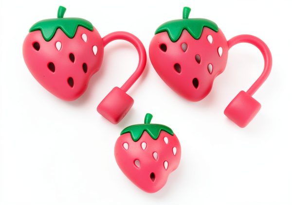 Pink Cute Strawberries Cartoon Straw Silicone Straw Plug, Straws Decorative Cap Staw Tips Bottle Accessories，Drinking Straw Dispensers，Kitchen Utensils and Gadgets-5
