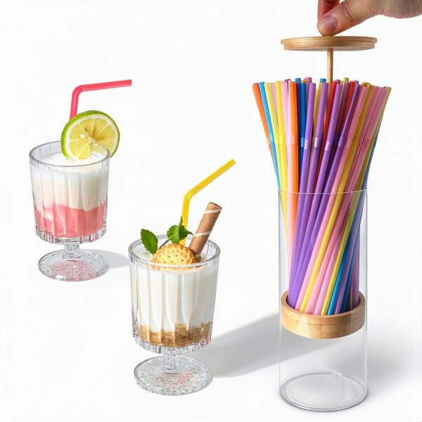 Straw Holder Dispenser TPQKA Acrylic with Bamboo Lid and 100 Straws-2