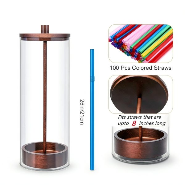 JYPS 10-Inch Acrylic Straw Dispenser with Bamboo Lid with 100 Colorful Straws,Transparent Counter Container Countertop Organizer for Kitchen,Office,Cabinet Storage, Holds Pencils, Cutlery(Dark brown)-1