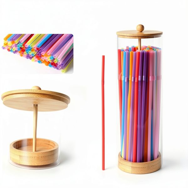 Straw Holder Dispenser TPQKA Acrylic with Bamboo Lid and 100 Straws-1