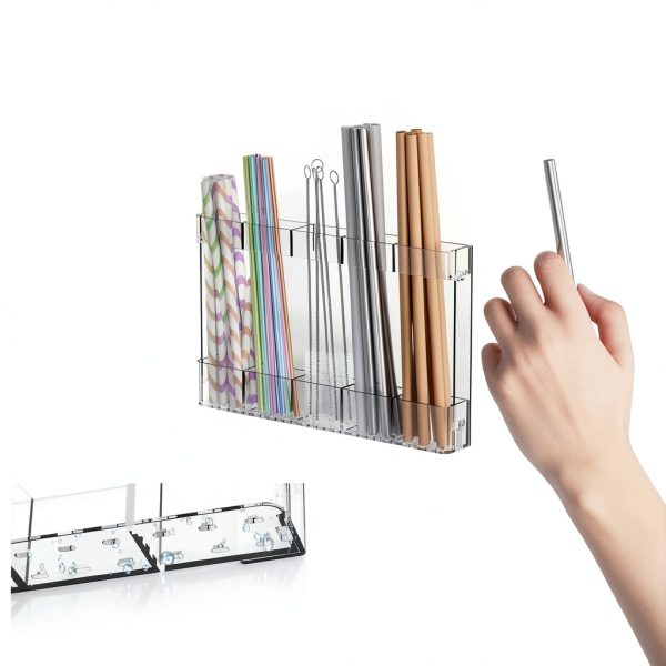 Yieach Acrylic Straw Holder for Cabinet Door- with Adhesive,No Damage Installation - 9.4 Inch Water Bottle,Cup,Drinking and Tumbler Reusable Straw Organizer Storage for Cupboard Door,Clear,Pack of 1-3