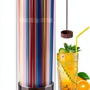 JYPS 10-Inch Acrylic Straw Dispenser with Bamboo Lid with 100 Colorful Straws,Transparent Counter Container Countertop Organizer for Kitchen,Office,Cabinet Storage, Holds Pencils, Cutlery(Dark brown)-0