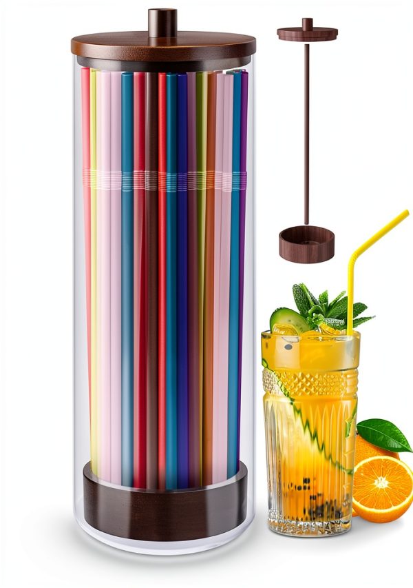 JYPS 10-Inch Acrylic Straw Dispenser with Bamboo Lid with 100 Colorful Straws,Transparent Counter Container Countertop Organizer for Kitchen,Office,Cabinet Storage, Holds Pencils, Cutlery(Dark brown)-0