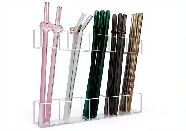 Acrylic Straw Holder for Cabinet Door 9.5”- Transparent Reusable Tumbler Straw Organizer Storage, Clear Small Kitchen Organization Accessories Container Rack, Ultra Sticky Cupboard Door Mounted-0