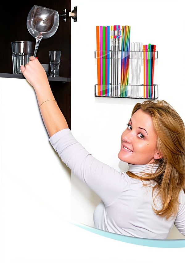 9.5” Acrylic Straw Holder for Cabinet Door with Ultra Sticky Circular Adhesive, Small Kitchen Accessories Container, Reusable Straw Organizer Storage for Cupboard | COMBATCH-6