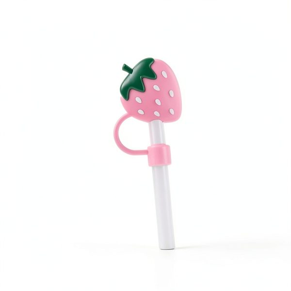 Pink Cute Strawberries Cartoon Straw Silicone Straw Plug, Straws Decorative Cap Staw Tips Bottle Accessories，Drinking Straw Dispensers，Kitchen Utensils and Gadgets-1