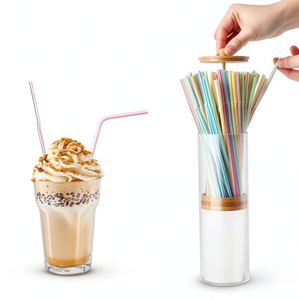 Straws Holder Dispenser with Bamboo Lid NOWHYX 10" Storage-3
