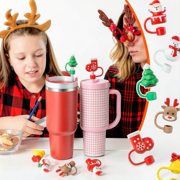 6 Pcs Christmas Drinking Straw Cover Cap for Stanley Cup, 10mm Reusable Dust-proof Straw Topper for 30&40 Oz Tumbler with Handle, 3D Santa Claus Elk Jingle Bell Tip Lids for Xmas Gifts-6