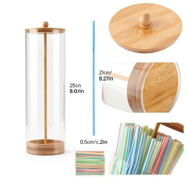 Straws Holder Dispenser with Bamboo Lid NOWHYX 10" Storage-1
