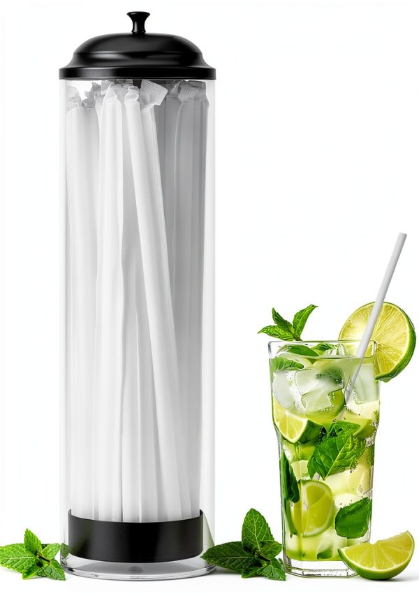 13.77 inch Straw Holder for Standard & Long Bended Size Drinking Straws,Straw Dispenser for Counter With Black Lid,Clear Drinking Organizer Container for Kitchen(Straws Include)-0