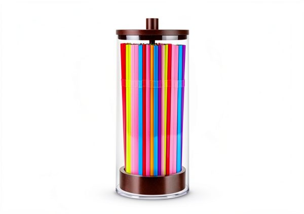 JYPS 10-Inch Acrylic Straw Dispenser with Bamboo Lid with 100 Colorful Straws,Transparent Counter Container Countertop Organizer for Kitchen,Office,Cabinet Storage, Holds Pencils, Cutlery(Dark brown)-4
