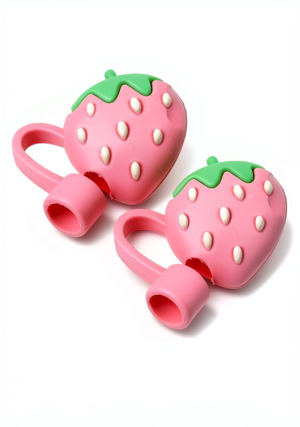 Pink Cute Strawberries Cartoon Straw Silicone Straw Plug, Straws Decorative Cap Staw Tips Bottle Accessories，Drinking Straw Dispensers，Kitchen Utensils and Gadgets-6