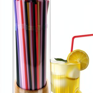 Straw Holder Dispenser TPQKA Acrylic with Bamboo Lid and 100 Straws-0