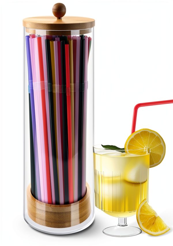 Straw Holder Dispenser TPQKA Acrylic with Bamboo Lid and 100 Straws-0