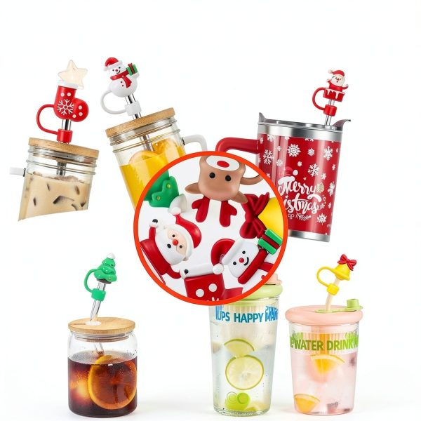 6 Pcs Christmas Drinking Straw Cover Cap for Stanley Cup, 10mm Reusable Dust-proof Straw Topper for 30&40 Oz Tumbler with Handle, 3D Santa Claus Elk Jingle Bell Tip Lids for Xmas Gifts-2
