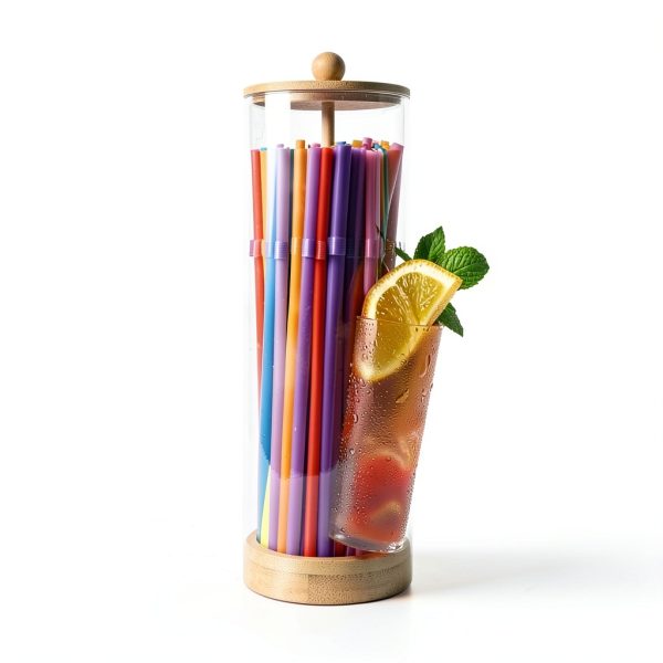 Straw Holder Dispenser TPQKA Acrylic with Bamboo Lid and 100 Straws-3