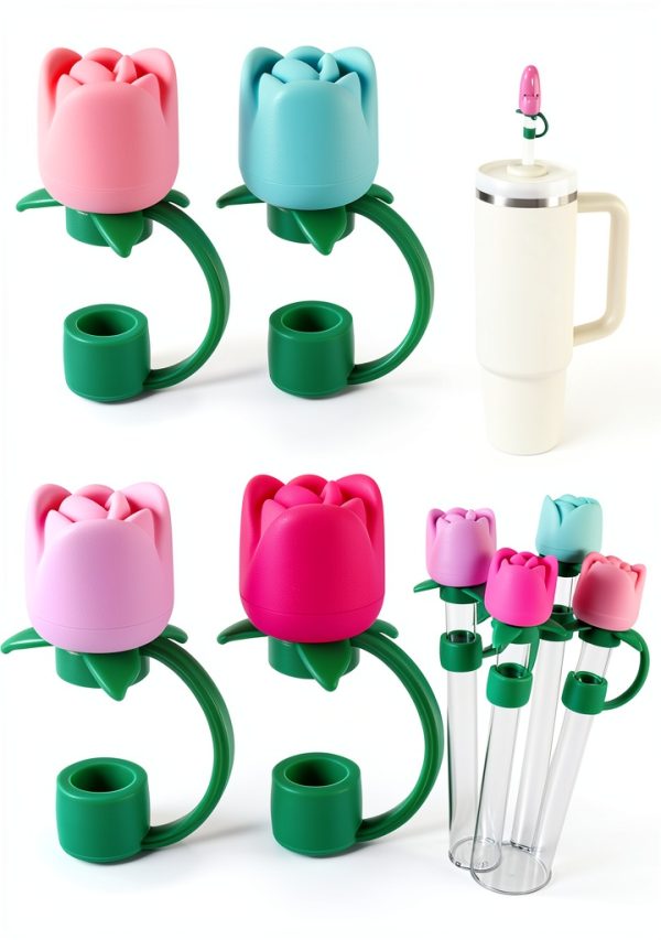 Straw Covers for Stanley Cups 4 Rose Silicone Caps Reusable Dust Proof-0