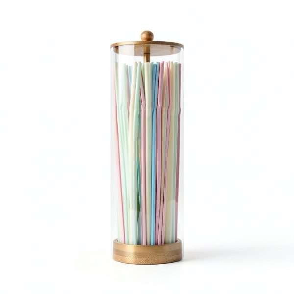 Straws Holder Dispenser with Bamboo Lid NOWHYX 10" Storage-2