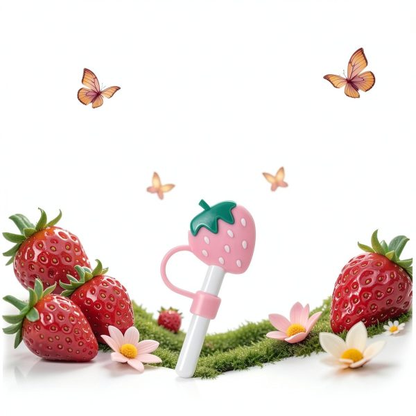 Pink Cute Strawberries Cartoon Straw Silicone Straw Plug, Straws Decorative Cap Staw Tips Bottle Accessories，Drinking Straw Dispensers，Kitchen Utensils and Gadgets-2