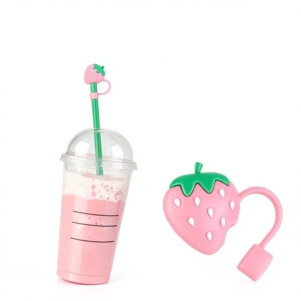 Pink Cute Strawberries Cartoon Straw Silicone Straw Plug, Straws Decorative Cap Staw Tips Bottle Accessories，Drinking Straw Dispensers，Kitchen Utensils and Gadgets-7