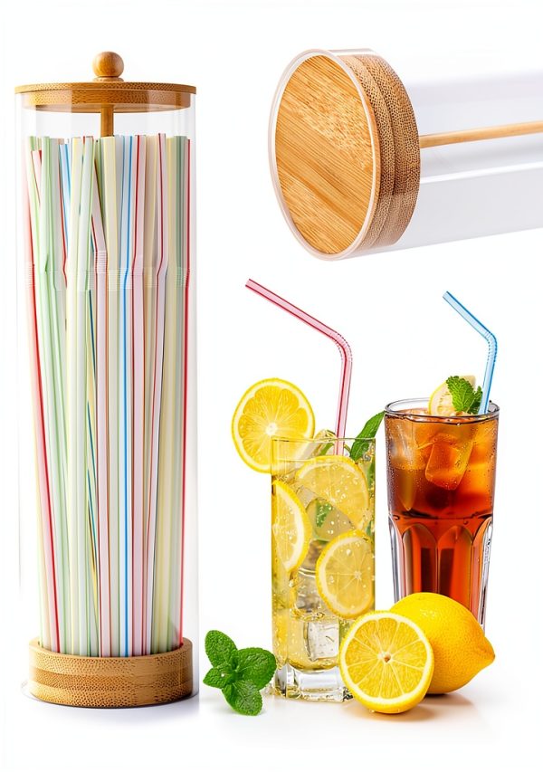 Straws Holder Dispenser with Bamboo Lid NOWHYX 10" Storage-7