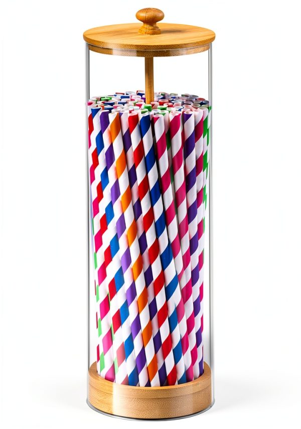 Acrylic Straw Holder with Bamboo Lid by VEGEVIGI – Clear 9″ Dispenser-0