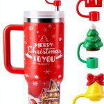 6 Pcs Christmas Drinking Straw Cover Cap for Stanley Cup, 10mm Reusable Dust-proof Straw Topper for 30&40 Oz Tumbler with Handle, 3D Santa Claus Elk Jingle Bell Tip Lids for Xmas Gifts-0