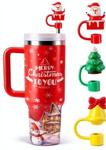 6 Pcs Christmas Drinking Straw Cover Cap for Stanley Cup, 10mm Reusable Dust-proof Straw Topper for 30&40 Oz Tumbler with Handle, 3D Santa Claus Elk Jingle Bell Tip Lids for Xmas Gifts-0