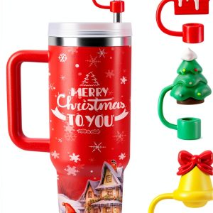 6 Pcs Christmas Drinking Straw Cover Cap for Stanley Cup, 10mm Reusable Dust-proof Straw Topper for 30&40 Oz Tumbler with Handle, 3D Santa Claus Elk Jingle Bell Tip Lids for Xmas Gifts-0