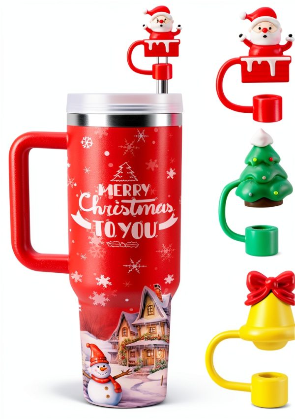 6 Pcs Christmas Drinking Straw Cover Cap for Stanley Cup, 10mm Reusable Dust-proof Straw Topper for 30&40 Oz Tumbler with Handle, 3D Santa Claus Elk Jingle Bell Tip Lids for Xmas Gifts-0