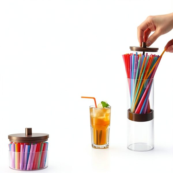 JYPS 10-Inch Acrylic Straw Dispenser with Bamboo Lid with 100 Colorful Straws,Transparent Counter Container Countertop Organizer for Kitchen,Office,Cabinet Storage, Holds Pencils, Cutlery(Dark brown)-2