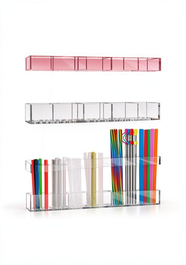9.5” Acrylic Straw Holder for Cabinet Door with Ultra Sticky Circular Adhesive, Small Kitchen Accessories Container, Reusable Straw Organizer Storage for Cupboard | COMBATCH-2